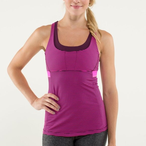 LULULEMON Sz 4 Stuff Your Bra Tank II Stripe Raspberry Glo Plum Pockets Mesh - 4 - Picture 1 of 16